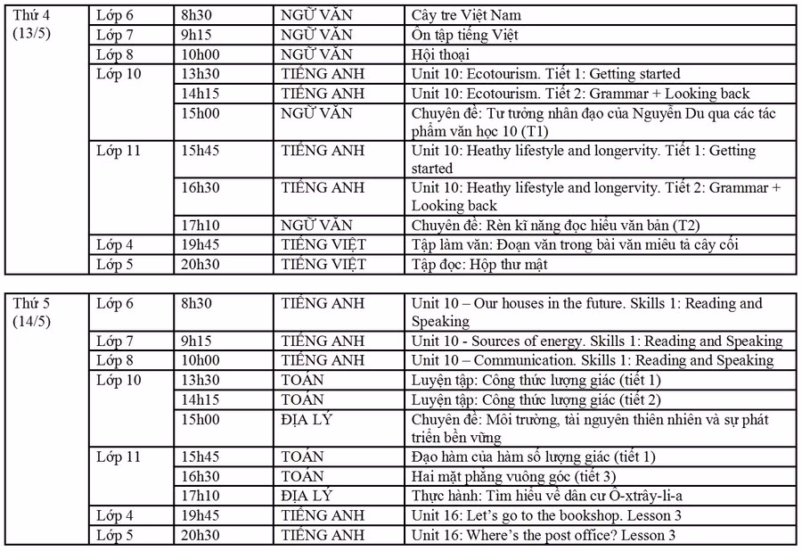 Lịch học trên truyền hình của học sinh Hà Nội từ ngày 11/5 đến 16/5 ảnh 3