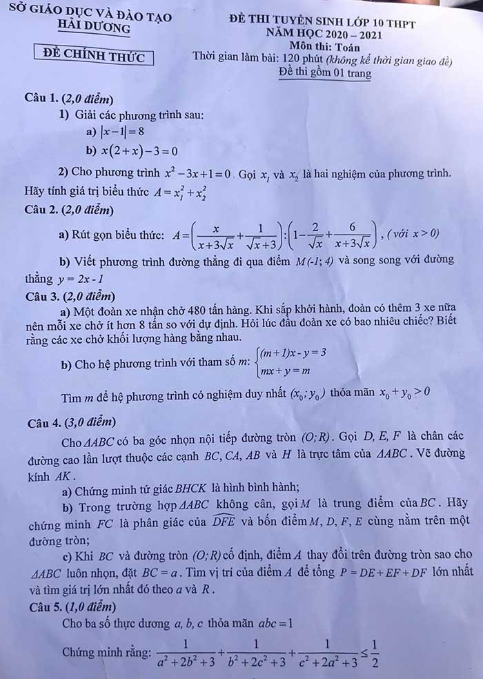 Thi vào lớp 10 ở Hải Dương: Đề toán phân hóa rõ nhưng không đánh đố ảnh 1 Thi vào lớp 10 ở Hải Dương: Đề toán phân hóa rõ nhưng không đánh đố ảnh 1