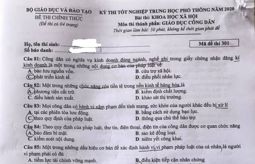 Gợi ý đáp án đầy đủ 24 mã đề môn Giáo dục công dân kỳ thi tốt nghiệp THPT 2020 Gợi ý đáp án đầy đủ 24 mã đề môn Giáo dục công dân kỳ thi tốt nghiệp THPT 2020