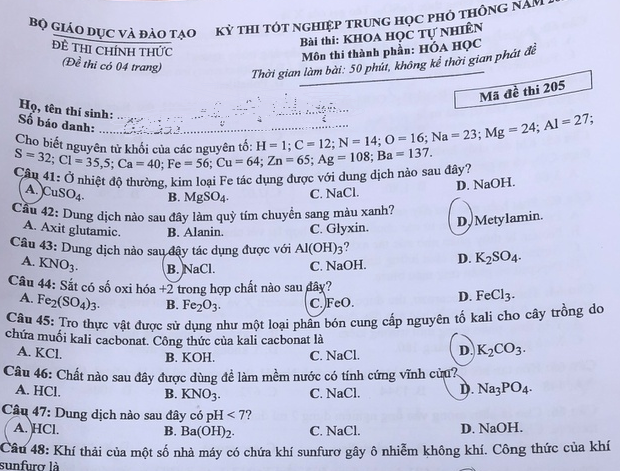 Gợi ý đáp án môn Hóa học kỳ thi tốt nghiệp THPT 2020