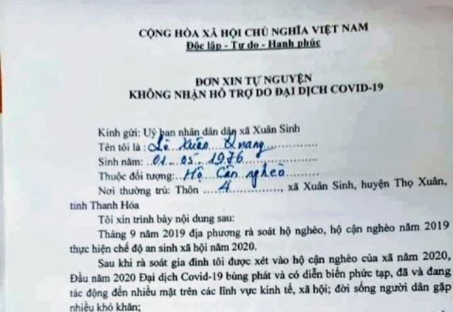 Thanh Hóa: Yêu cầu bỏ mẫu đơn "tự nguyện không nhận tiền hỗ trợ" do xã in sẵn