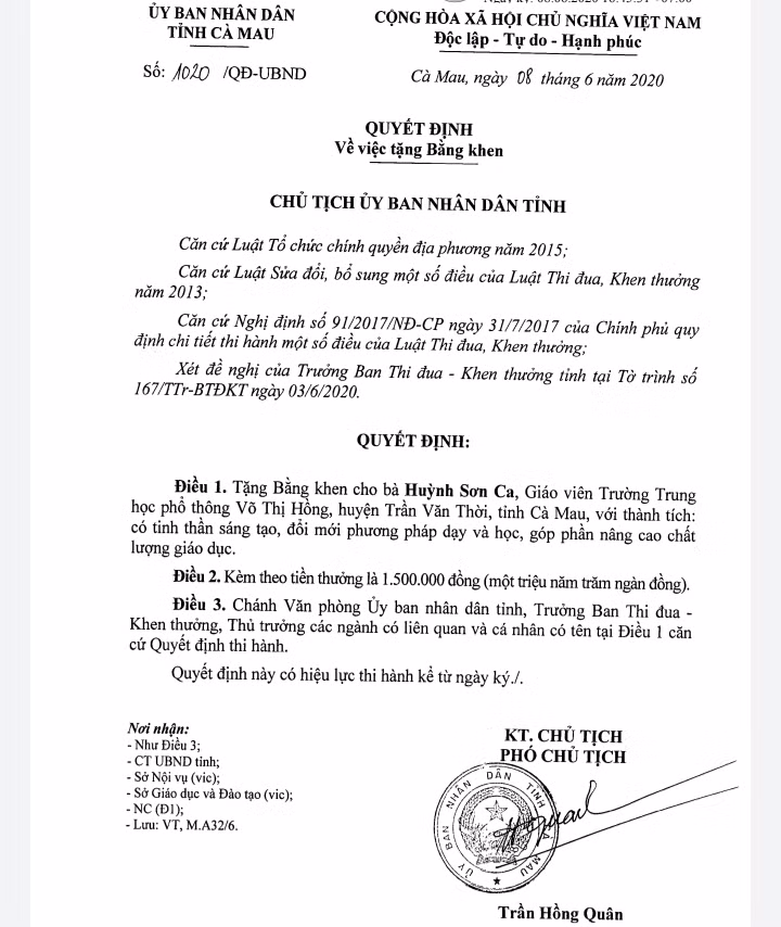 Cô giáo dạy Văn bằng Cải lương được Chủ tịch UBND tỉnh tặng Bằng khen ảnh 1