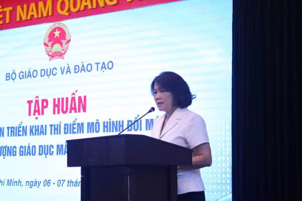 Bà Hoàng Thị Dinh, Phó vụ Trưởng Vụ Giáo dục Mầm non (Bộ GD&ĐT) phát biểu tại buổi tập huấn.