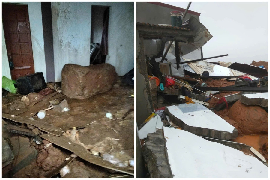 Sạt lở khiến đất đá tràn vào gây hư hỏng nhà dân ở Hà Tĩnh. (Ảnh: T.T) 