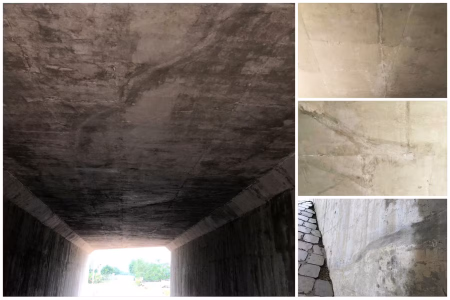 Hầm chui dân sinh cao tốc qua xã Quang Lộc xuất hiện nhiều vết nứt phía trong.