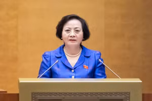 Bộ trưởng Bộ Nội vụ Phạm Thị Thanh Trà trình bày Tờ trình về việc sắp xếp đơn vị hành chính cấp tỉnh năm 2025.