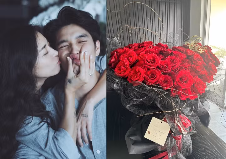 Ngô Thanh Vân khoe khoảnh khắc ngọt ngào bên chồng trẻ. Cô được chồng tặng bó hoa hồng nhung hình trái tim để thể hiện tình yêu.