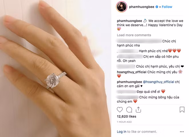 Vào đúng dịp lễ Valentine 14/2 năm 2019, Hoa hậu Phạm Hương khiến người hâm mộ bất ngờ khi đăng tải bức ảnh đeo nhẫn kim cương ở ngón áp út và "thông báo hết ế". Vào đúng dịp lễ Valentine 14/2 năm 2019, Hoa hậu Phạm Hương khiến người hâm mộ bất ngờ khi đăng tải bức ảnh đeo nhẫn kim cương ở ngón áp út và "thông báo hết ế".