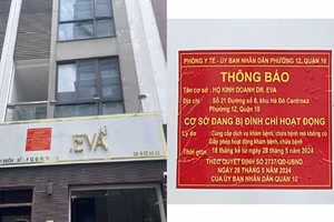 Hộ kinh doanh "Dr Eva" tại địa chỉ số 21, đường số 8, khu Hà Đô Centrosa, phường 12, bị UBND quận 10 dán biển cảnh báo "Cơ sở đang bị đình chỉ hoạt động". (Ảnh: Sở Y tế TPHCM)