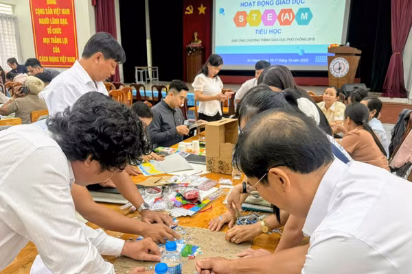 Giáo viên Tiểu học ở An Giang tập huấn hoạt động giáo dục STEM/STEAM. Ảnh: TN.