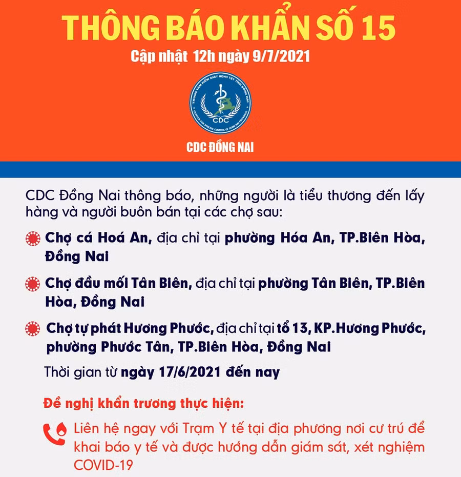 Thông báo của CDC Đồng Nai gửi đến tiểu thương và người dân tại 3 khu chợ thuộc TP Biên Hòa (Nguồn: CDC Đồng Nai)