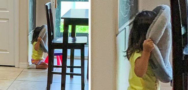 7. &quot;Con tôi rủ tôi chơi trốn tìm với con bé. Và đây là chiến thuật trốn đẳng cấp của con bé: Dùng đệm ngủ của mèo&quot;.