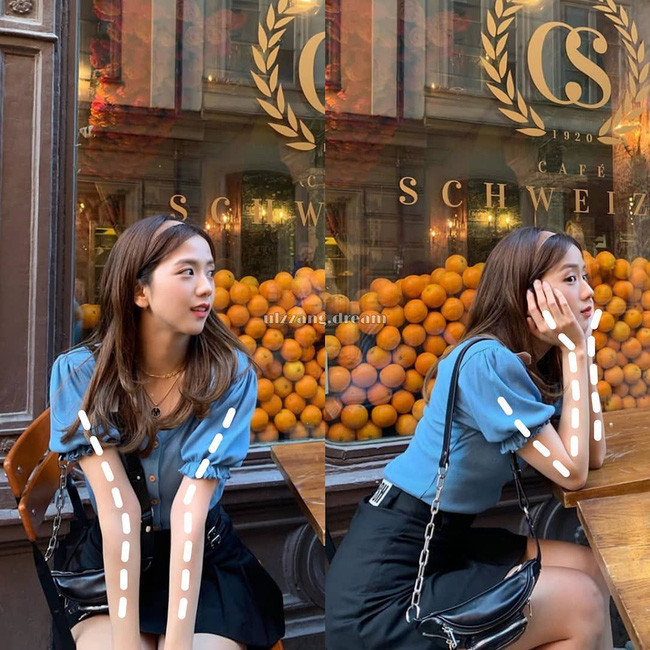 Jisoo chưa bao giờ để cánh tay quá rảnh rang thành lóng ngóng; và chỉ cần vài động tác nhỏ như đặt tay lên đầu gối hay chống cằm, những bức ảnh của Jisoo đã trở nên xinh xẻo và tự nhiên hơn gấp bội.