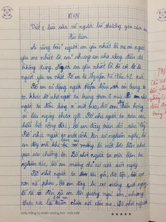 Bài văn tả bố "xấu hết phần thiên hạ" của cô bé Nghệ An khiến dân mạng vô cùng thích thú, vì tình cảm cha con phải vô cùng đặc biệt mới viết lên câu chuyện hay đến vậy - Ảnh 1. Bài văn tả bố "xấu hết phần thiên hạ" của cô bé Nghệ An khiến dân mạng vô cùng thích thú, vì tình cảm cha con phải vô cùng đặc biệt mới viết lên câu chuyện hay đến vậy - Ảnh 1.