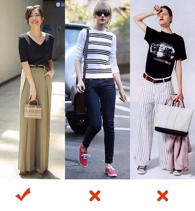 So với áo phông cổ tròn + quần cạp trễ, thì áo cổ V + quần cạp cao sẽ khiến bạn nhìn lạc quẻ vô cùng.