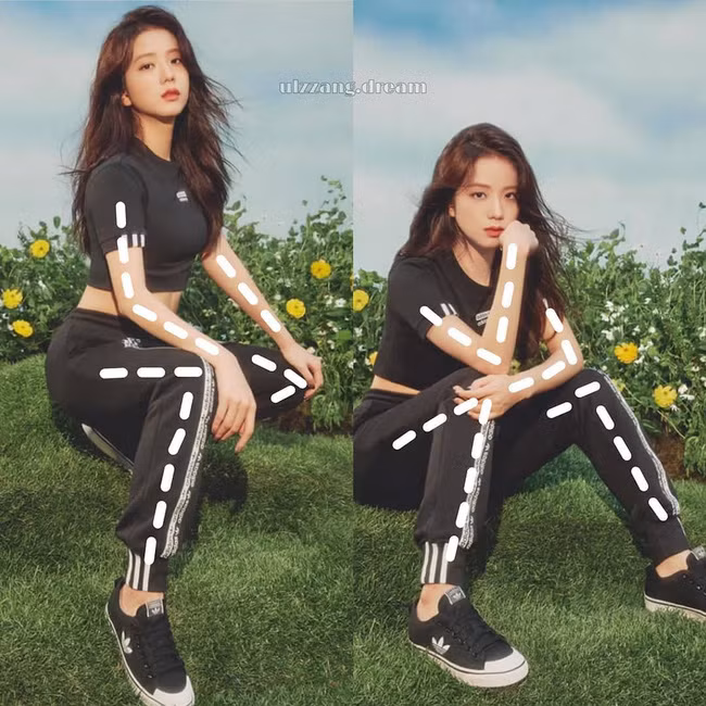 Với những set đồ khỏe khoắn, bạn tạo dáng ngồi như Jisoo thì sẽ ra được những bức hình cực chất chơi, cá tính. Điểm mấu chốt trong cách tạo dáng của Jisoo chính là cánh tay hoặc chân tạo nên những góc 90 độ, điều này giúp bức hình không bị lộn xộn nhưng dáng người vẫn giữ được sự tự nhiên, thoải mái.