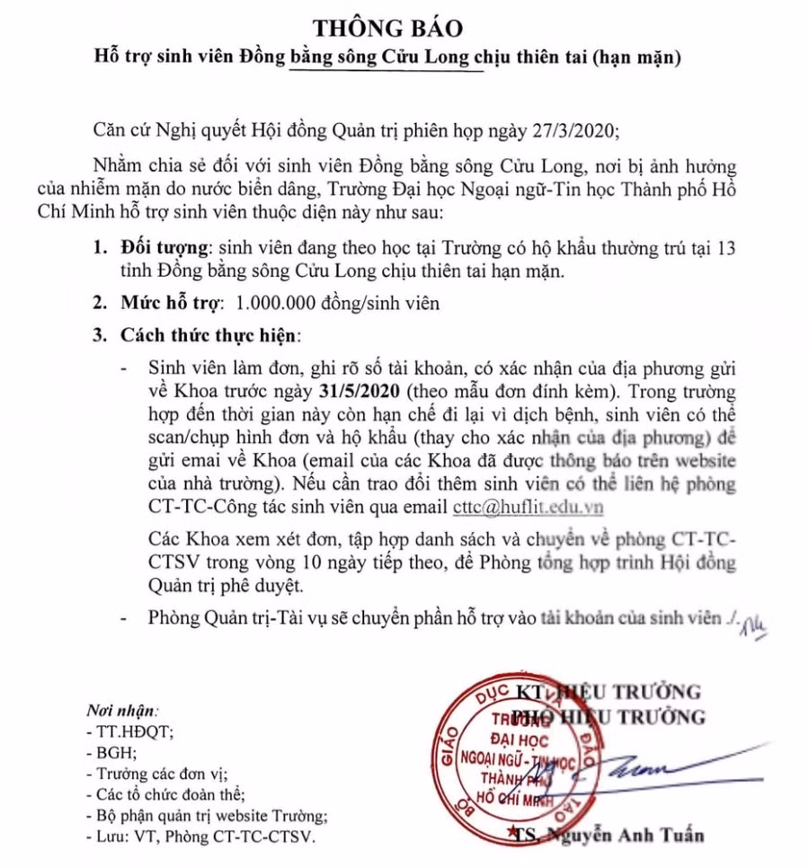 Văn bản hỗ trợ SV của HUFLIT