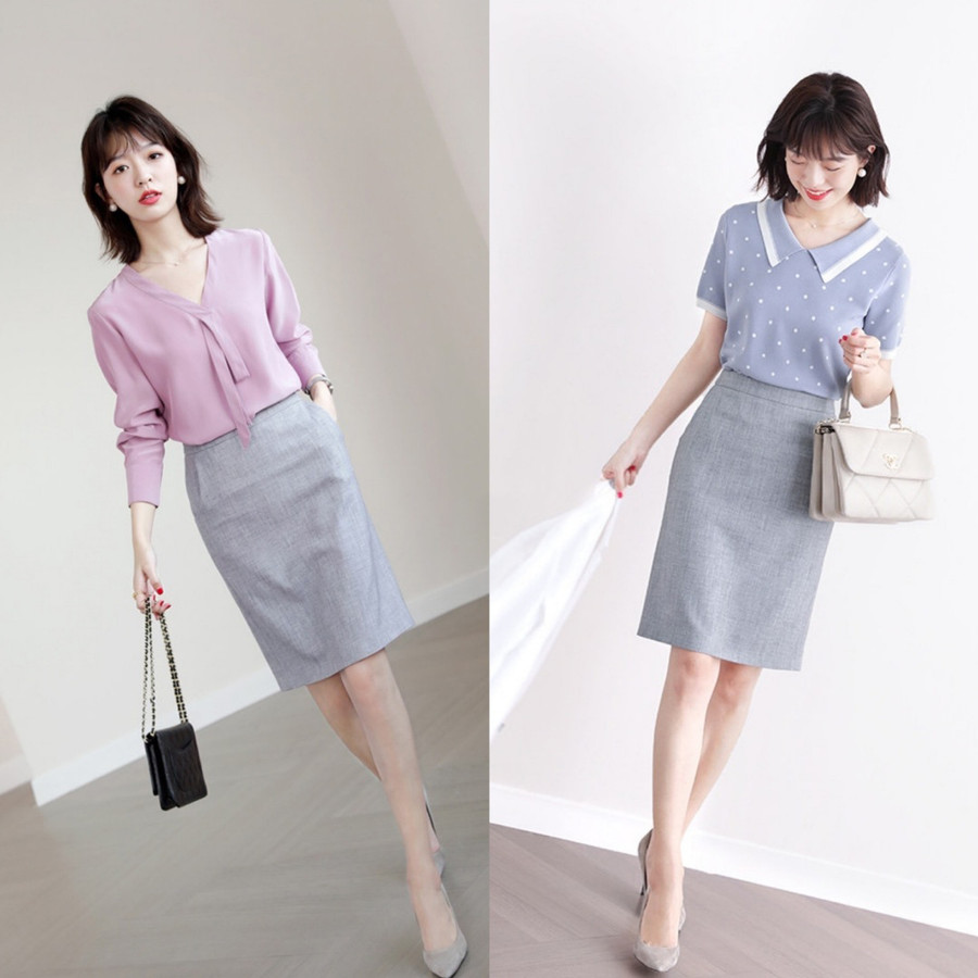 Với chân váy juyp công sở dáng cơ bản, các nàng có thể chọn những gam màu tươi sáng hơn như be, ghi hay hồng pastel.