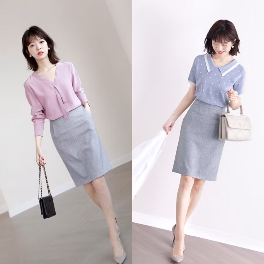 Với chân váy juyp công sở dáng cơ bản, các nàng có thể chọn những gam màu tươi sáng hơn như be, ghi hay hồng pastel.