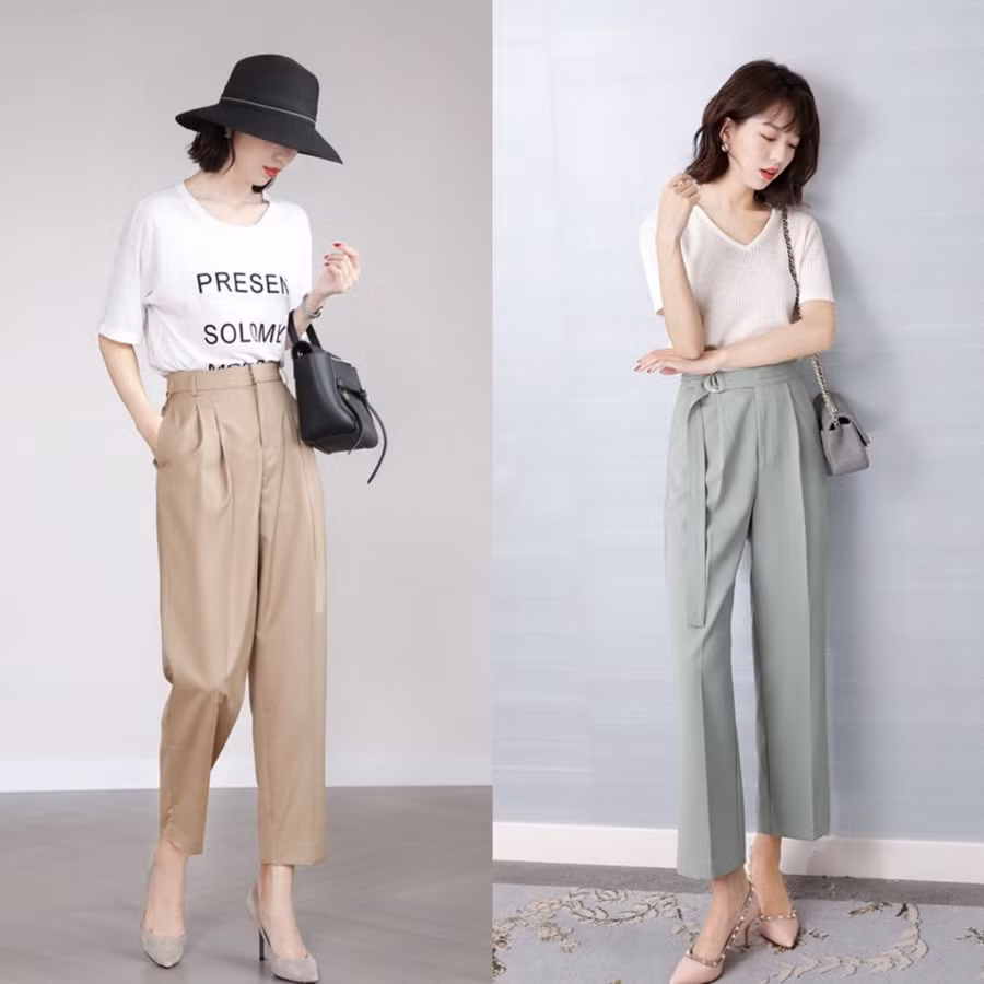 Với kiểu quần công sở ống suông, thay vì chọn màu đen, các nàng có thể chọn những gam màu pastel xanh lá, xanh babyblue hay màu be/ghi xám nhạt.