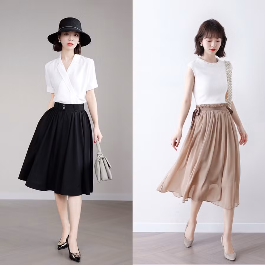 Bên cạnh đó, những kiểu dáng váy midi xòe nhẹ hay xếp ly cũng là items không nên bỏ qua. Nên đầu tư chọn mua váy trơn với gam màu cơ bản như đen/ trắng hay be.