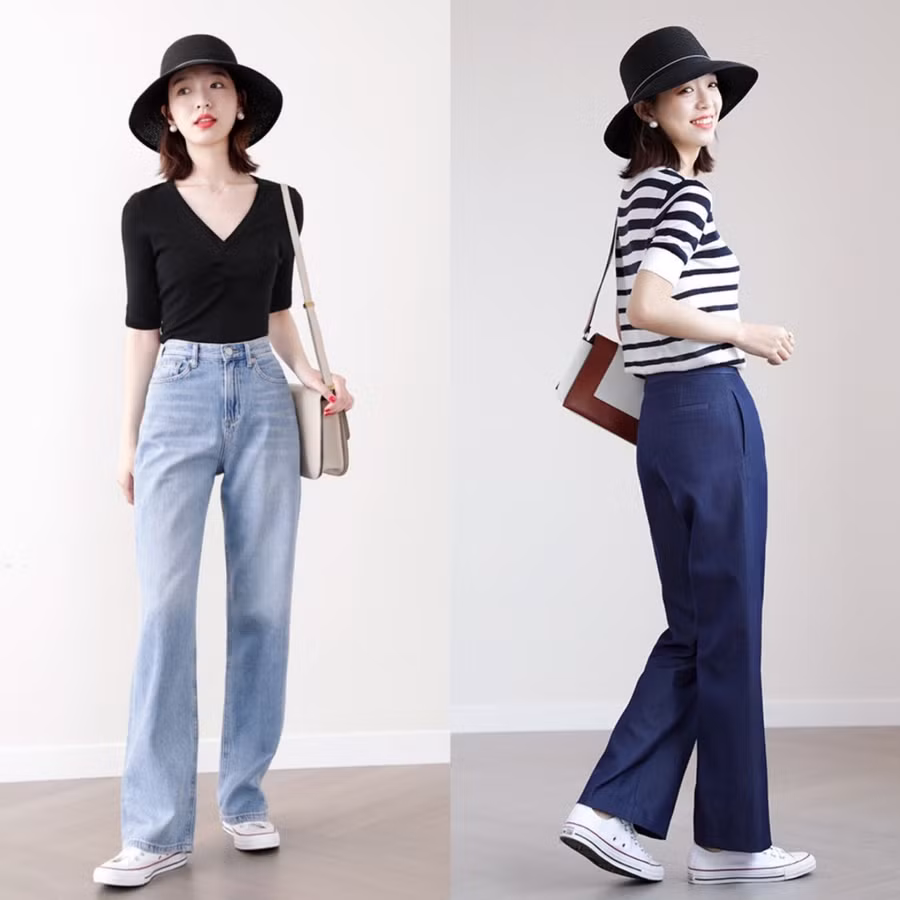 Quần jean đương nhiên là món đồ không thể thiếu trong tủ đồ, tuy nhiên các nàng cũng nên chọn dáng quần cạp cao, ống suông để thoải mái. Tránh chọn quần skinny jeans cạp thấp hoặc quá ôm sát.