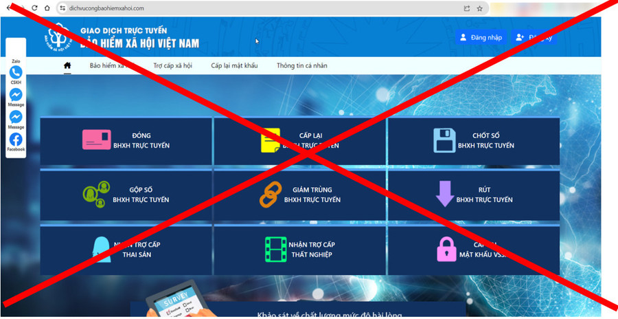 Trang web giả mạo Cổng dịch vụ công ngành BHXH Việt Nam: Ảnh: BHXH Việt Nam.
