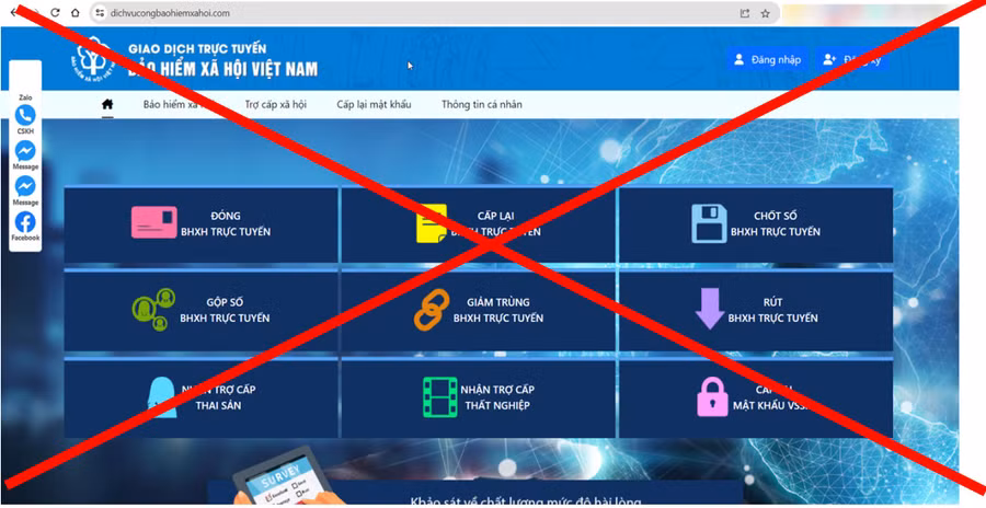 Trang web giả mạo Cổng dịch vụ công ngành BHXH Việt Nam: Ảnh: BHXH Việt Nam.