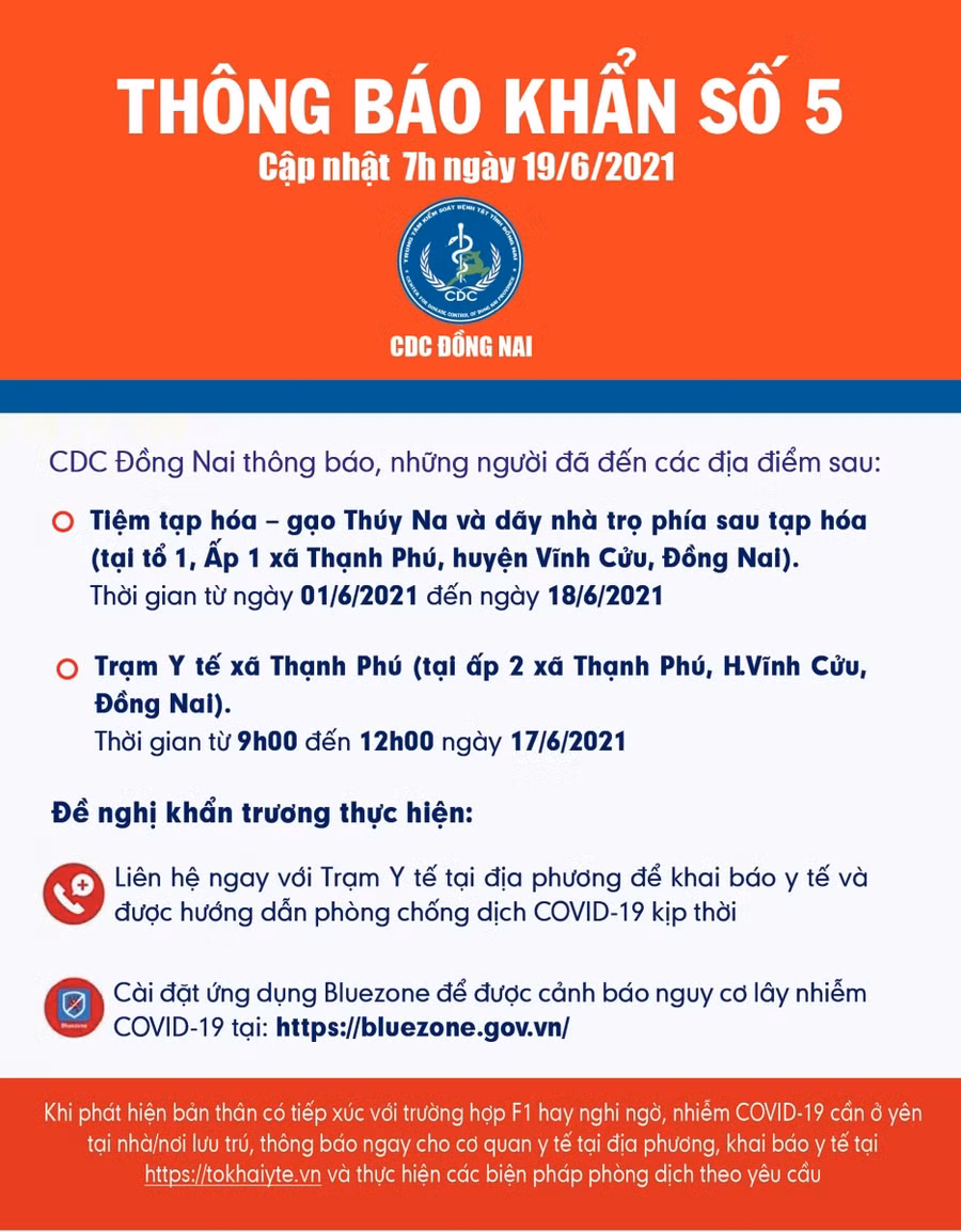 Huyện Vĩnh Cửu, tỉnh Đồng Nai cũng phát đi thông báo khẩn tìm người có liên quan đến các địa điểm trên địa bàn huyện. (Ảnh: CDC Đồng Nai).