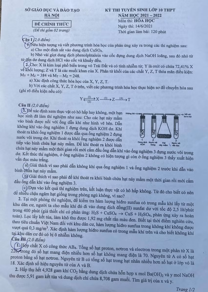 Đề thi vào lớp 10 chuyên Hoá của Hà Nội.