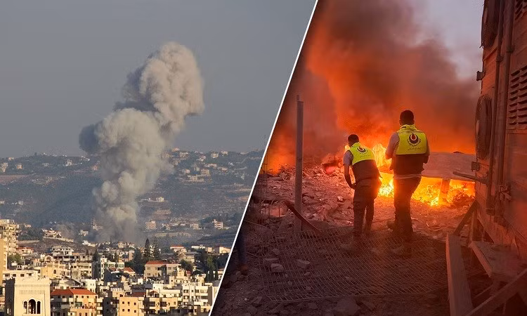 Hiện trường một cuộc không kích của Israel nhằm vào Hezbollah.