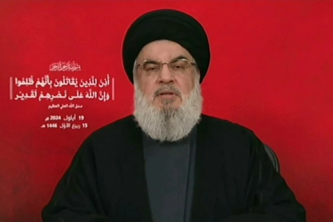 Thủ lĩnh Hezbollah Hassan Nasrallah phát biểu trên truyền hình Lebanon hôm 19 tháng 9.