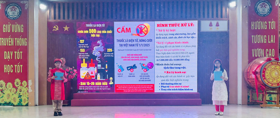 Trường THCS Ngọc Lâm (phường Bồ Đề, Hà Nội) tổ chức các hoạt động giáo dục phòng chống thuốc lá. Ảnh NTCC.