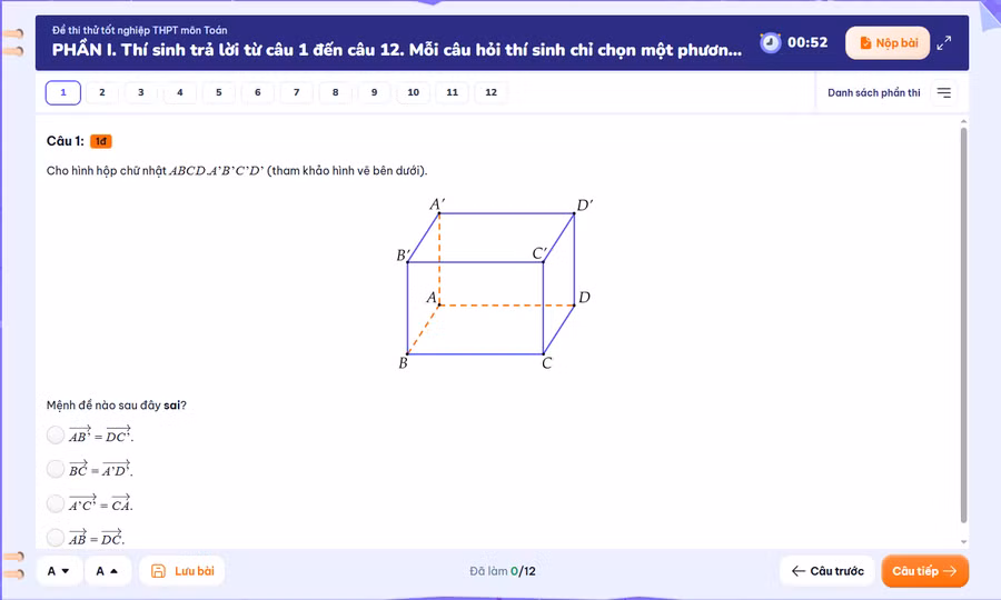 Giao diện thi thử tốt nghiệp THPT trên nền tảng OLM.