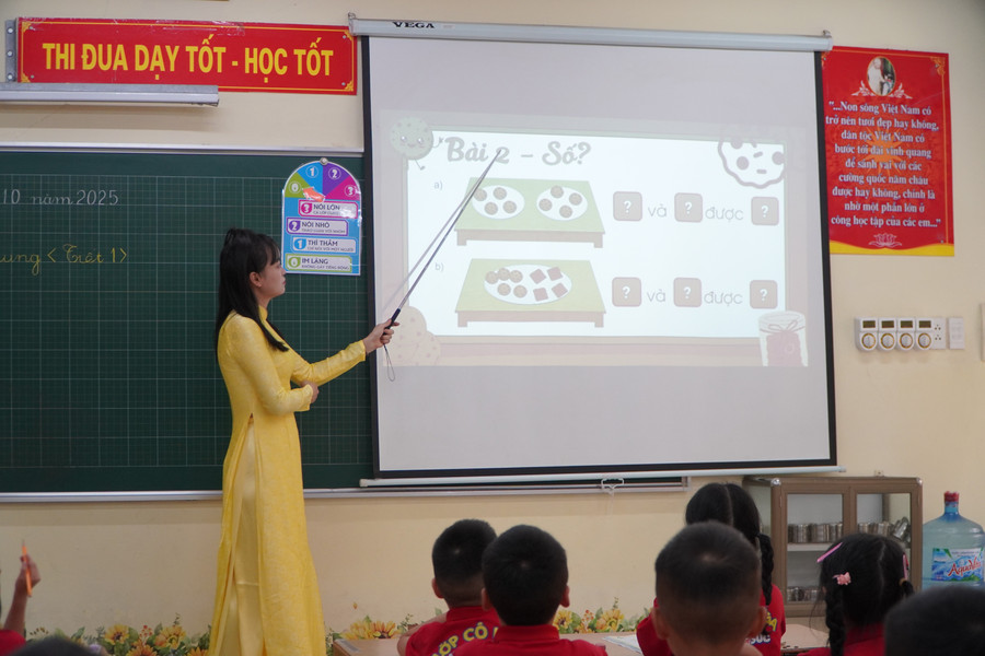 Mỗi tiết học, cô Nga luôn cố gắng ứng dụng công nghệ vào giảng dạy tạo sự hứng thú cho học trò. Ảnh Liêm Anh. nga-1.jpg