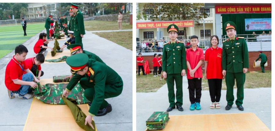 Tại hoạt động ngoại khóa, các em học sinh được các chú bộ đội hướng dẫn cách gập chăn, màn. Tại hoạt động ngoại khóa, các em học sinh được các chú bộ đội hướng dẫn cách gập chăn, màn.