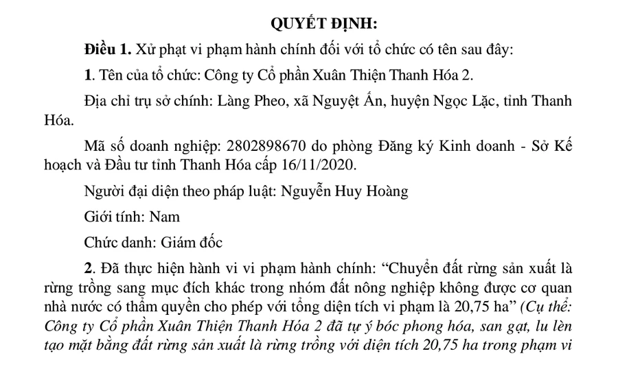 Quyết định xử phạt Công ty CP Xuân Thiên Thanh Hóa 2 và 3. (Ảnh: TL)