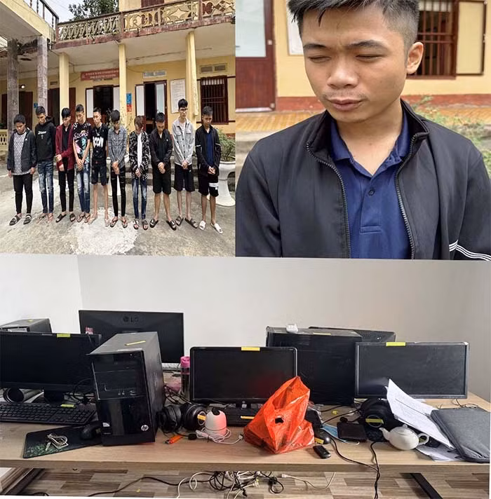 Lê Tất Đạt (ảnh lớn) và các nghi phạm bị bắt giữ cùng tang vật. Ảnh: Công an cung cấp.