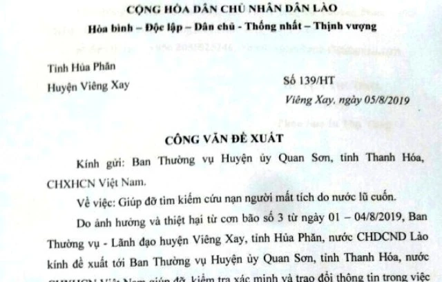 Công văn của Huyện trưởng huyện Viêng Xay gửi Huyện Quan Sơn.