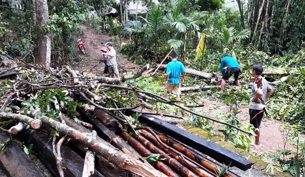 Người dân huyện Quan Hóa (Thanh Hóa) khắc phục hậu quả do mưa lốc gây ra.