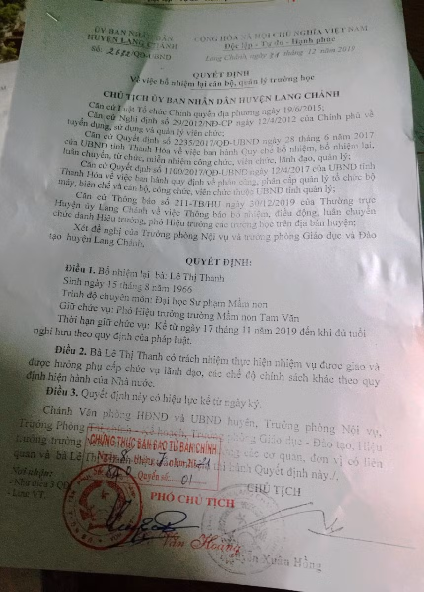Quyết định bổ nhiệm lại bà Lê Thị Thanh giữ chức Phó hiệu trưởng Trường Mầm non Tam Văn năm 2014.