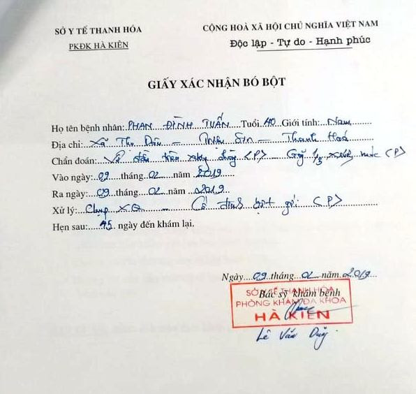 Giấy xác nhận bó bột cho bệnh nhân Tuấn Giấy xác nhận bó bột cho bệnh nhân Tuấn