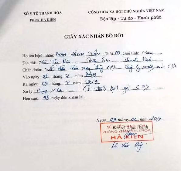 Giấy xác nhận bó bột cho bệnh nhân Tuấn