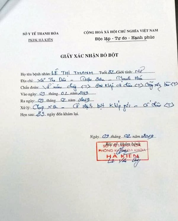 Xác nhận bó bột cho bệnh nhân Thanh. Xác nhận bó bột cho bệnh nhân Thanh.