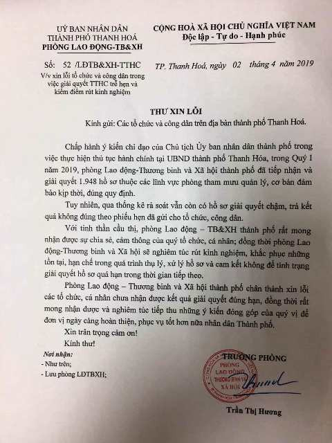 Thư xin lỗi công dân của phòng LĐ-TB&XH thành phố Thanh Hóa.
