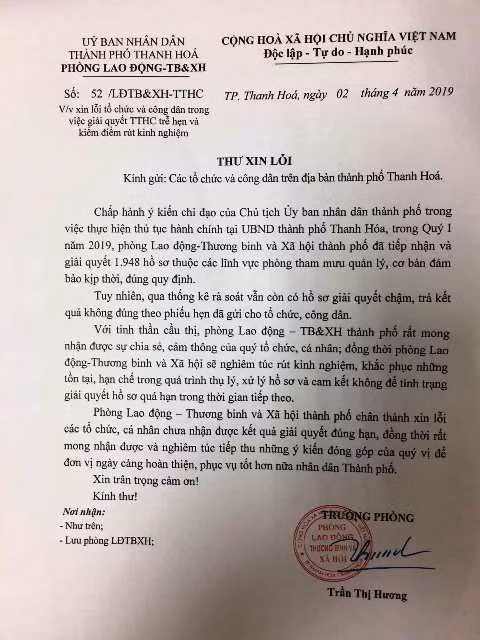 Thư xin lỗi công dân của phòng LĐ-TB&XH thành phố Thanh Hóa.