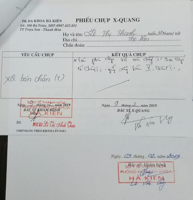 Phiếu chụp X.quang do phòng khám Hà Kiên cấp cho bệnh nhân Lê Thị Thanh. Phiếu chụp X.quang do phòng khám Hà Kiên cấp cho bệnh nhân Lê Thị Thanh.
