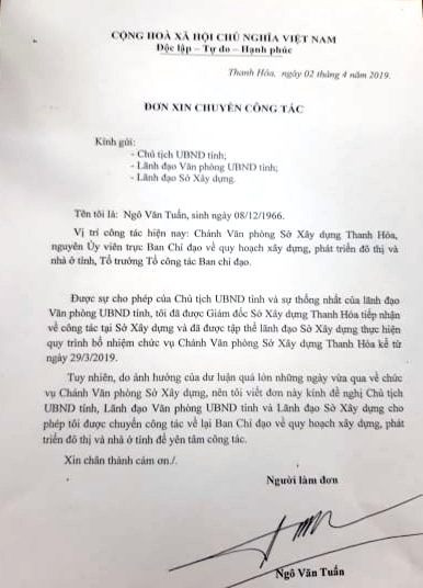 Đơn xin chuyển công tác của ông Ngô Văn Tuấn Đơn xin chuyển công tác của ông Ngô Văn Tuấn