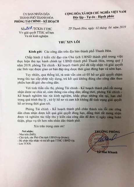 Thư xin lỗi công dân của phòng Tài chính - Kế hoạch TP.Thanh Hóa.