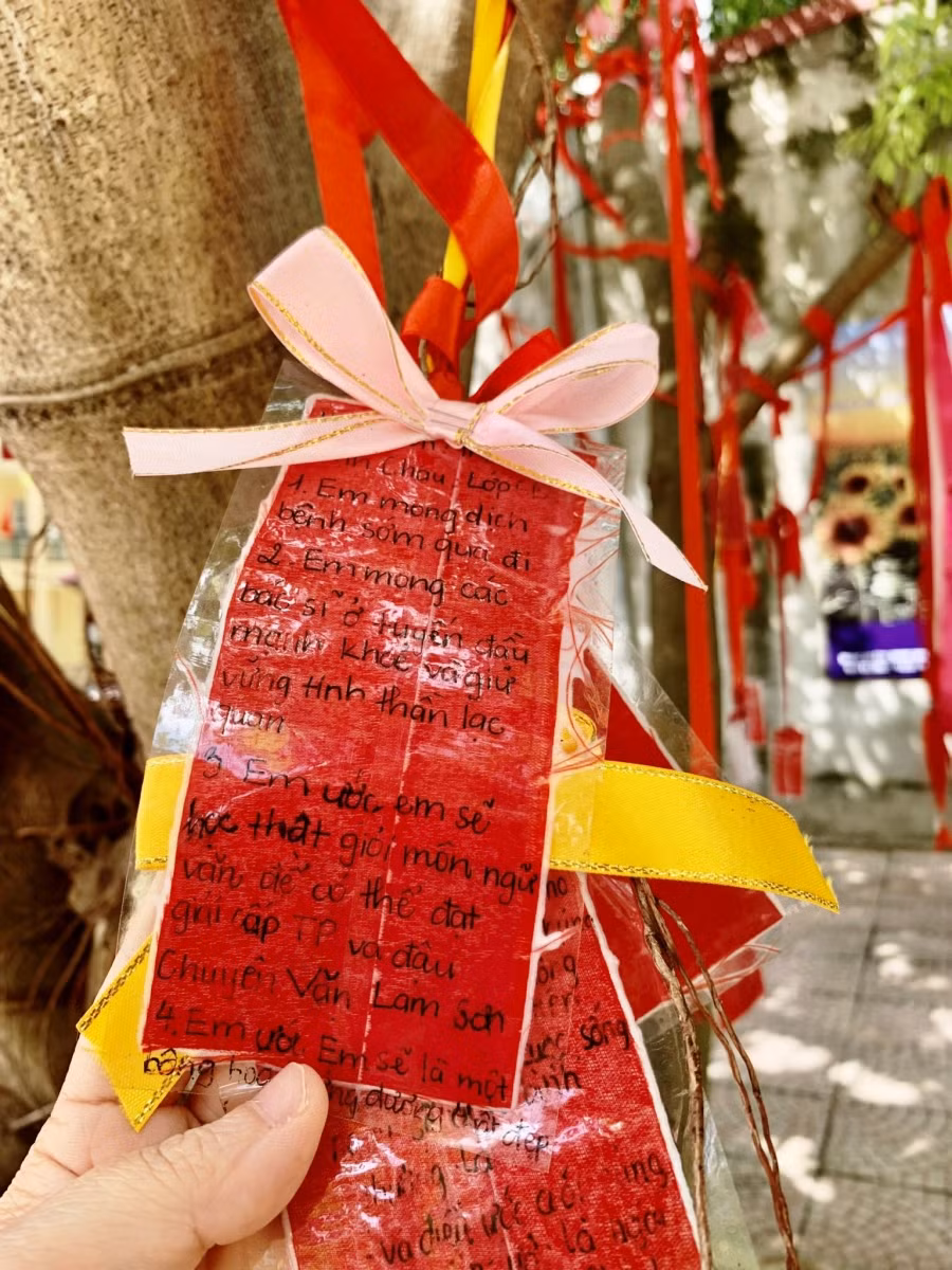 Những tấm thẻ đỏ ghi điều ước của HS được ghim vào các dải lụa, ruy băng rồi treo lên cây.